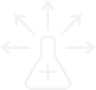 Pictogram van een laboratoriumfles met pijlen die naar buiten wijzen, symbool voor innovatie en verspreiding van kennis. Staat voor Leiderschap.