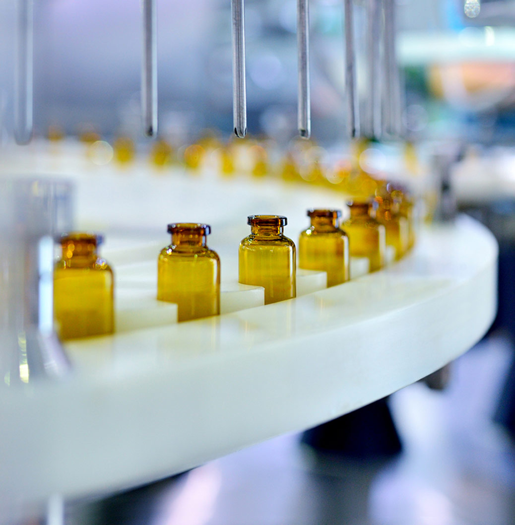 A conveyer belt producing bottles of medicine